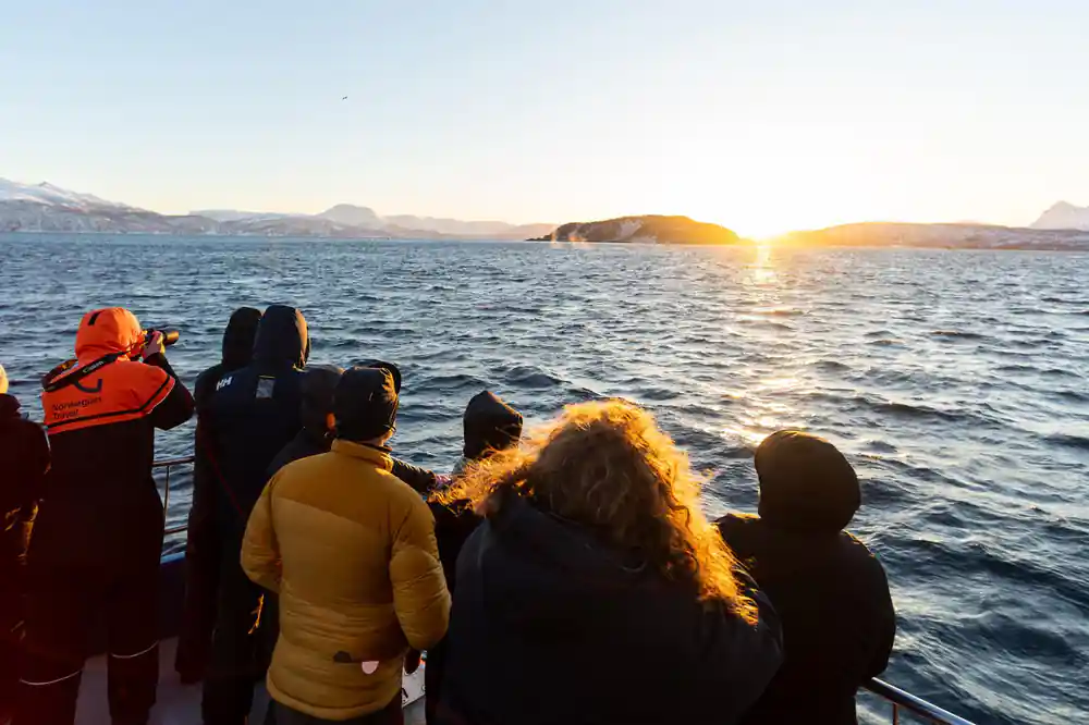 Group of tourists watching sunset over water from boat deck