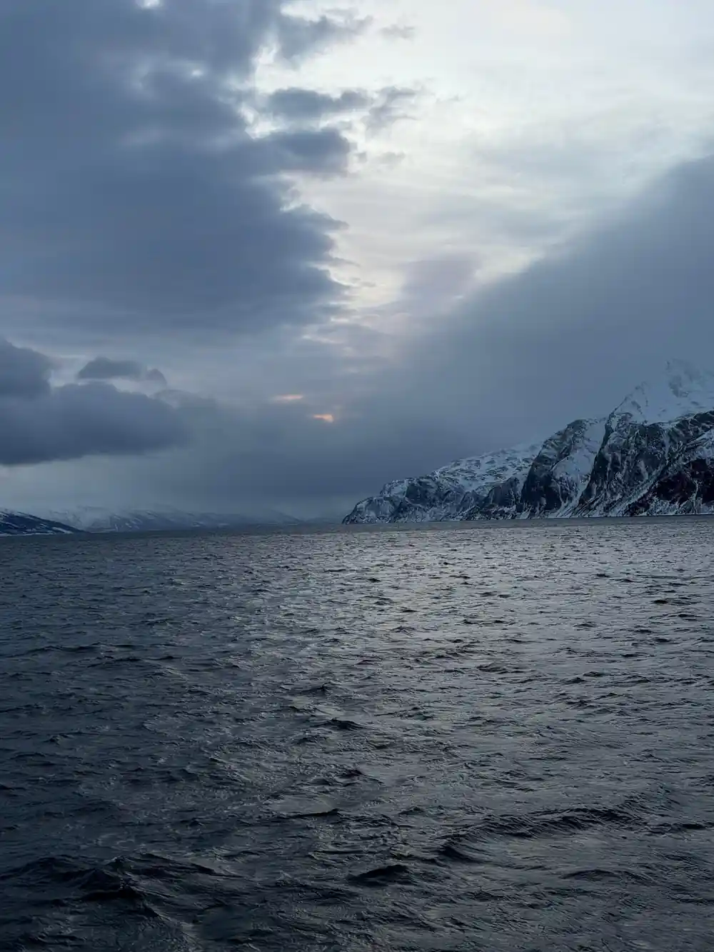 Snow-capped rocky coastline at dusk with moody sky